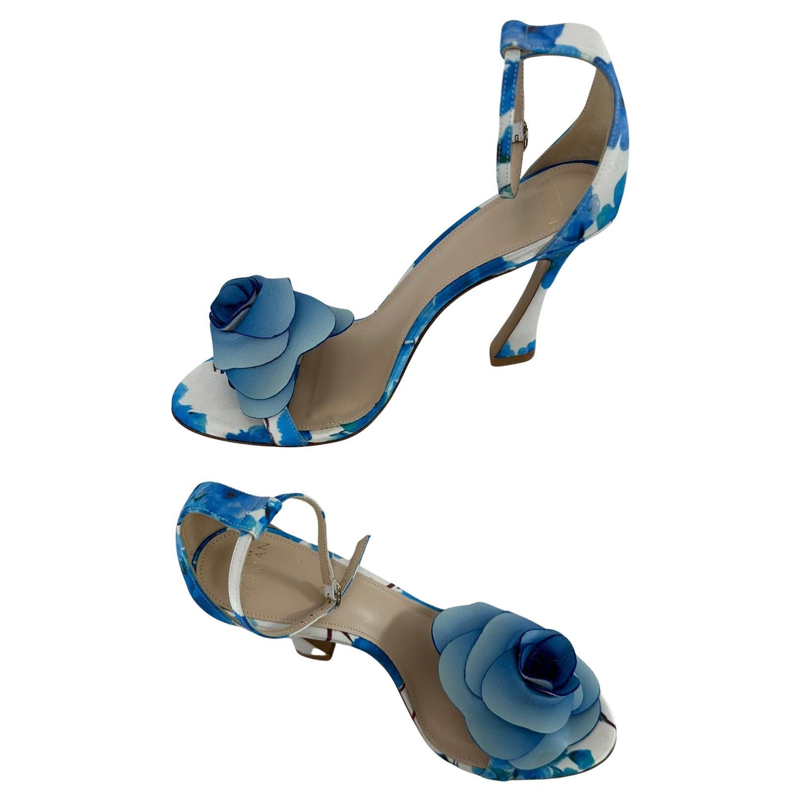 Alexandre Birman Dahila 100MM Blue Floral High Heel Sandal Leather Rose Toe 37.5