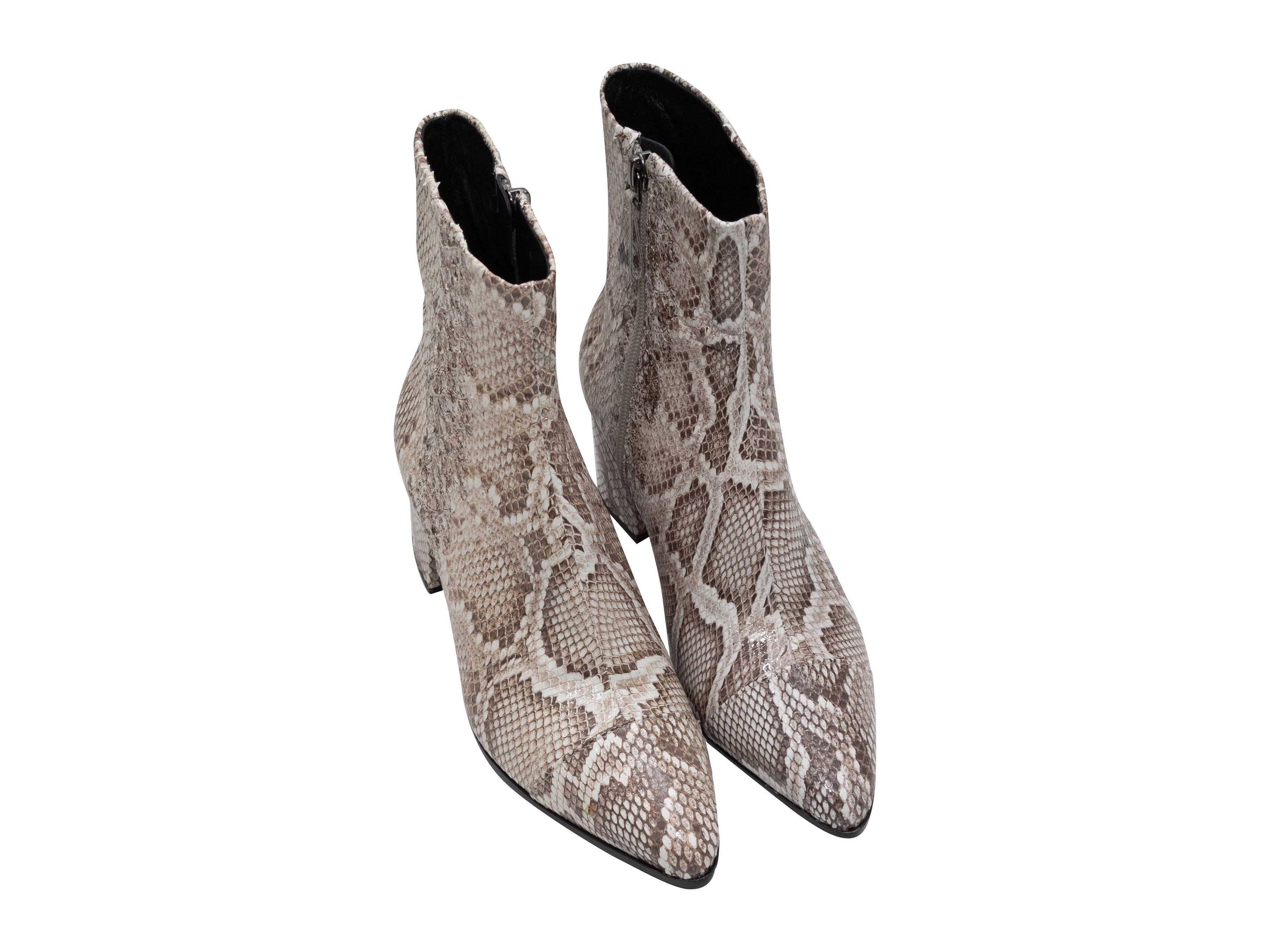 Product Details: Grey and black python pointed-toe ankle boots by Alexandre Birman. Block heels. Zip closures at inner sides. 2.5