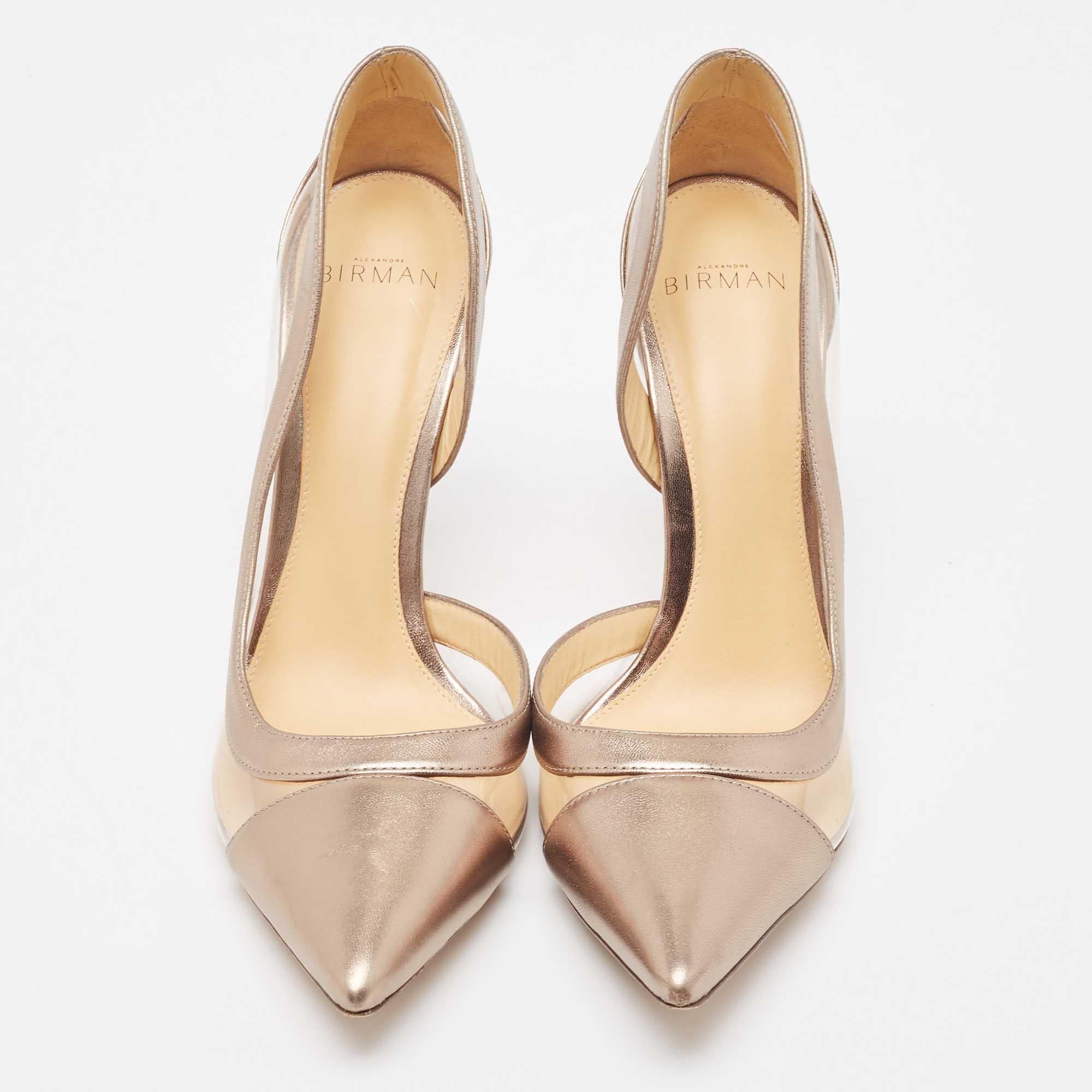 Alexandre Birman Metallic Beige Leather and PVC D'Orsay Pumps Size 40.5 In Good Condition For Sale In Dubai, Al Qouz 2
