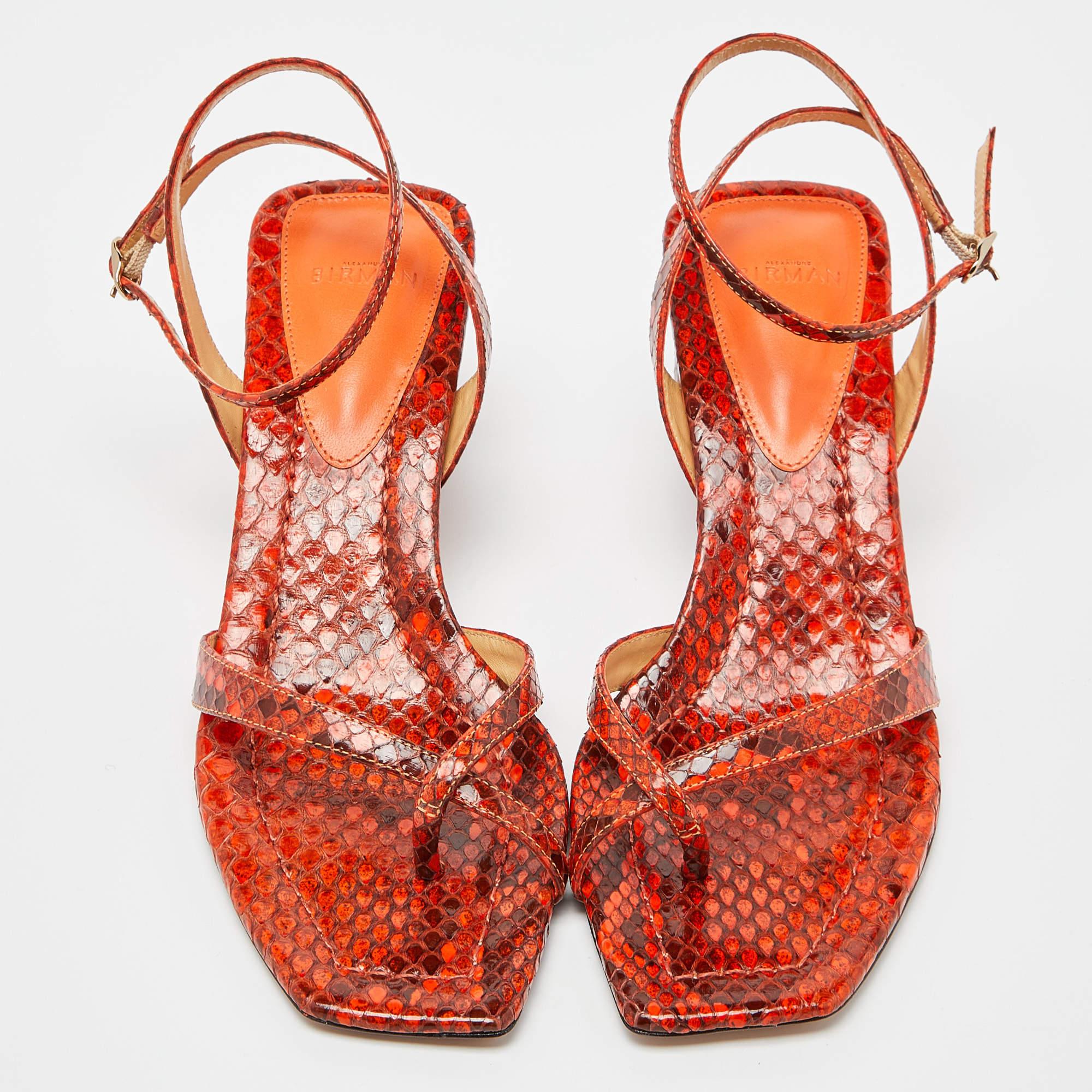 Alexandre Birman Orange Python Nelly Ankle Strap Sandals Size 37 In New Condition In Dubai, Al Qouz 2