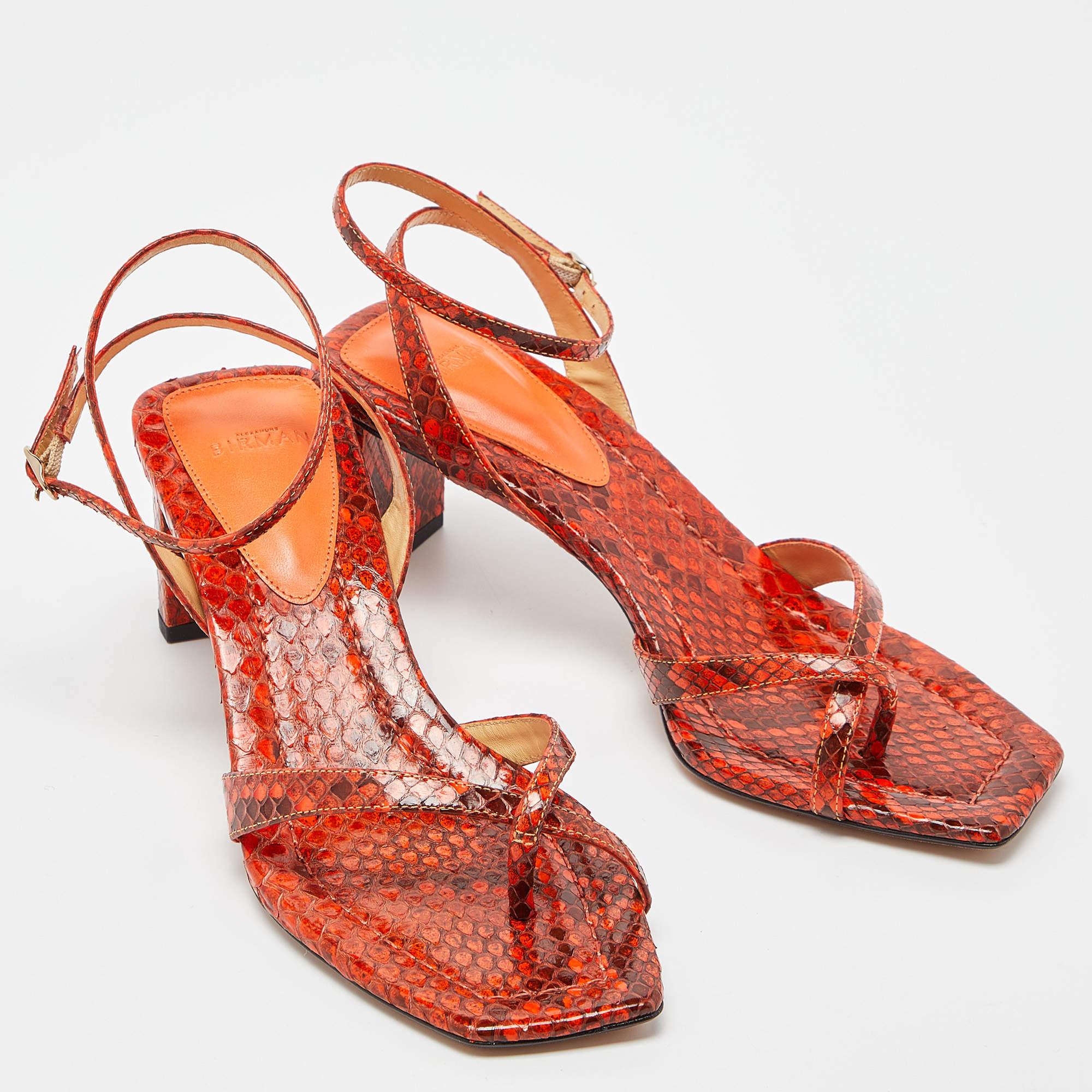 Women's Alexandre Birman Orange Python Nelly Ankle Strap Sandals Size 37