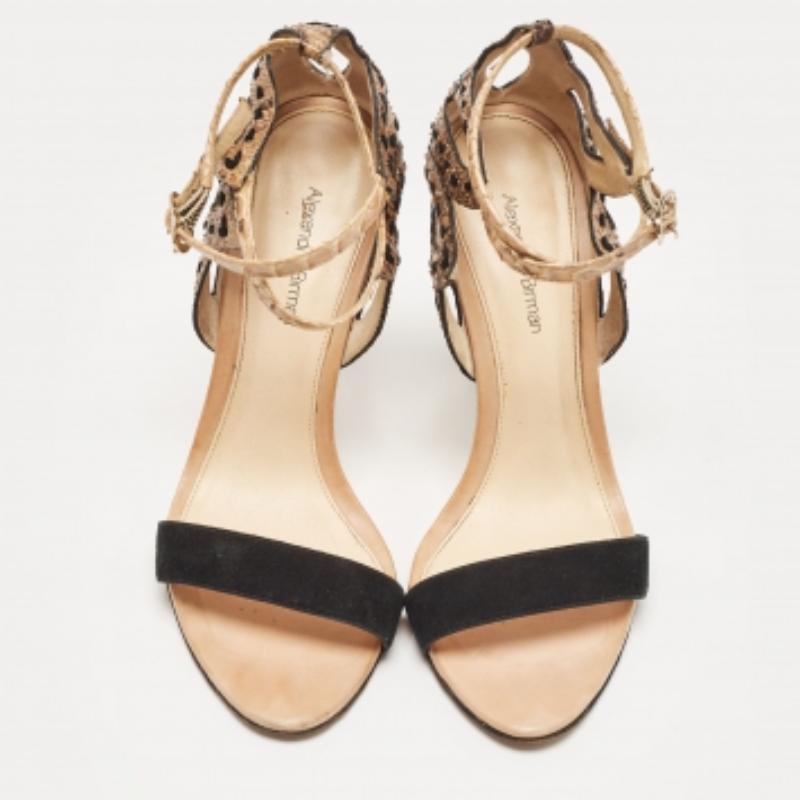 Brown Alexandre Birman Tricolor Suede and Python Cut Out Ankle Strap Sandals Size 36.5 For Sale