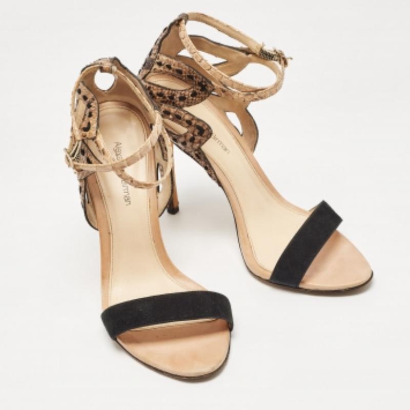 Alexandre Birman Tricolor Suede and Python Cut Out Ankle Strap Sandals Size 36.5 In Fair Condition For Sale In Dubai, Al Qouz 2