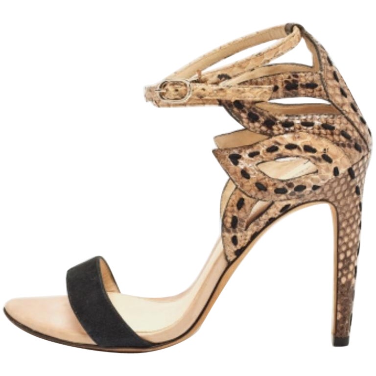 Alexandre Birman Tricolor Suede and Python Cut Out Ankle Strap Sandals Size 36.5 For Sale