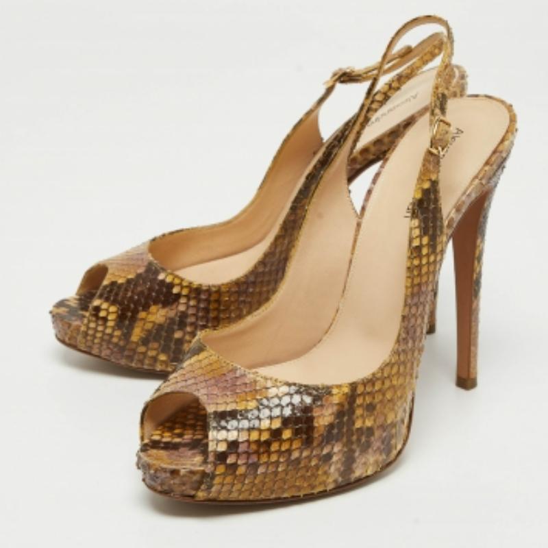 Alexandre Birman Pumps Peep Toe in pelle di serpente giallo/marrone misura 37 in vendita 3