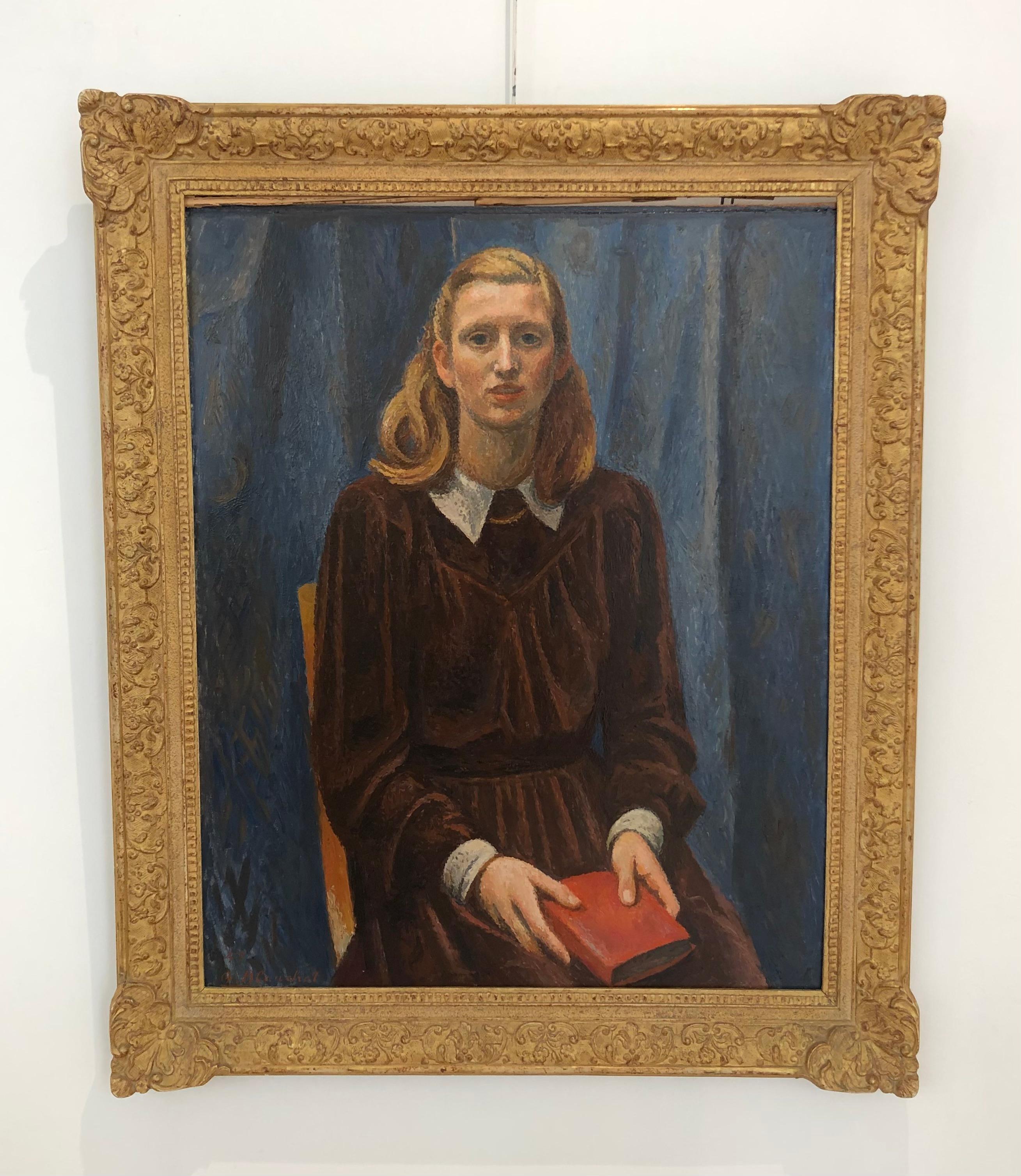 Portrait of Ursula Stauffacher at the Red Book - Painting by Alexandre Blanchet