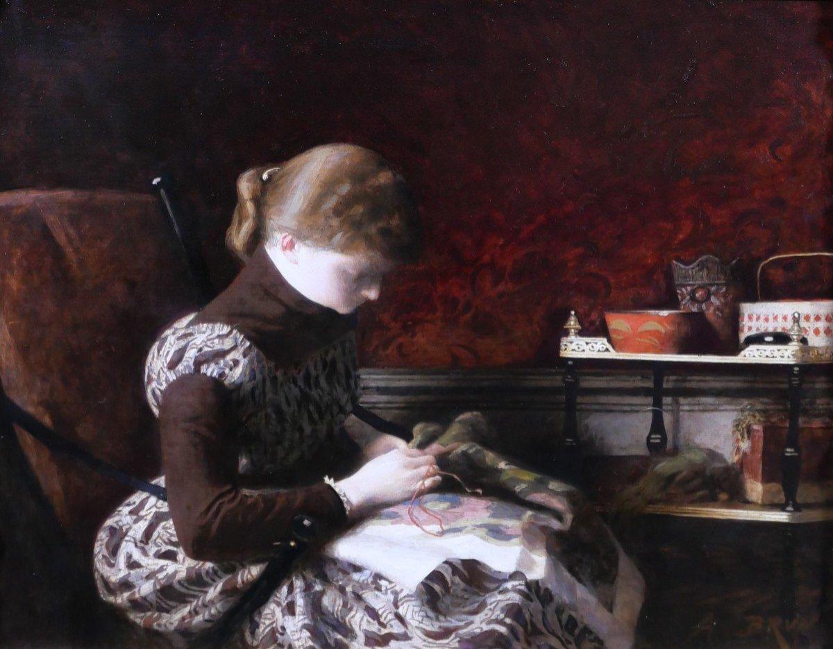 Frau nähen, Original Antikes Ölgemälde auf Holz, Französisch Alexandre Brun (1853-1941) im Angebot 1