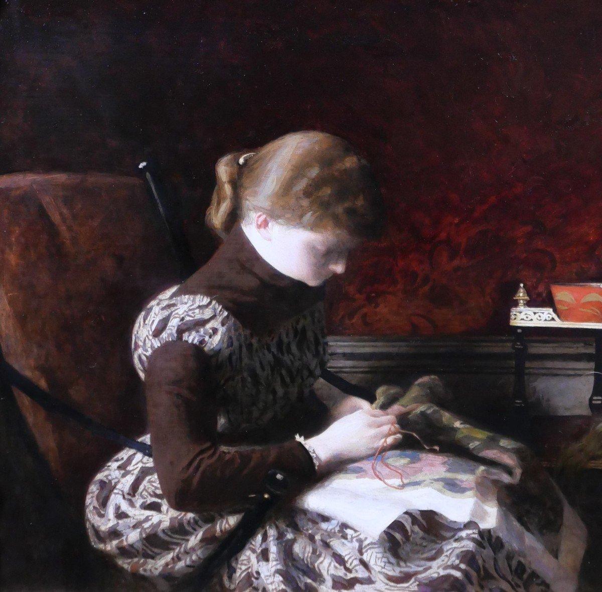 Frau nähen, Original Antikes Ölgemälde auf Holz, Französisch Alexandre Brun (1853-1941) im Angebot 2