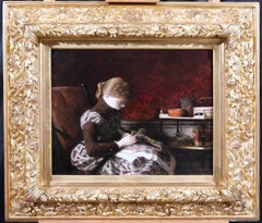 Frau nähen, Original Antikes Ölgemälde auf Holz, Französisch Alexandre Brun (1853-1941)