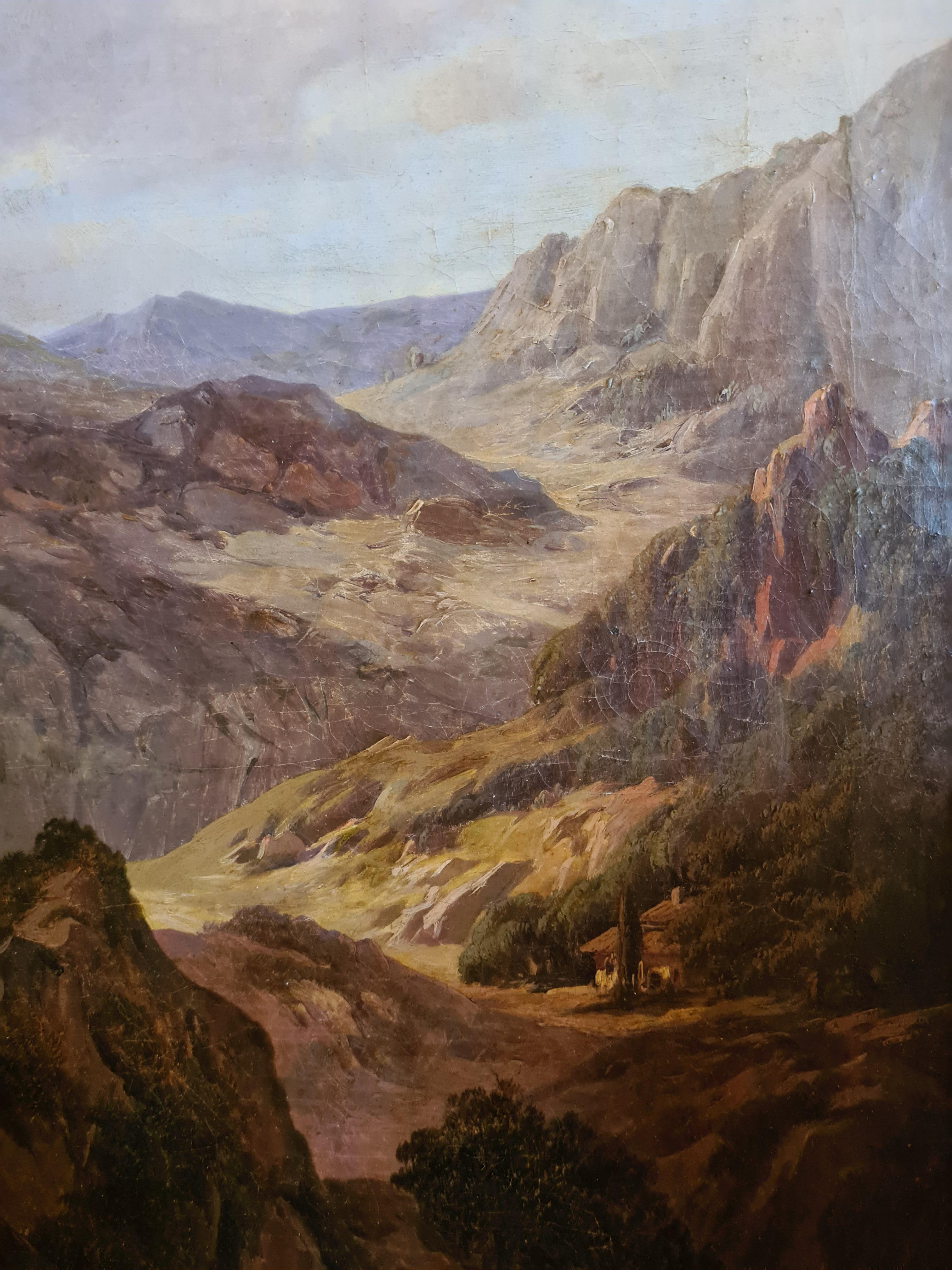 Mid 19th Century oil on canvas view of a Swiss valley and mountainscape by Alexander Calame. The painting is signed bottom left. The canvas is on a fine stretcher with 'keys'. The painting has been in a private collection in the North of France