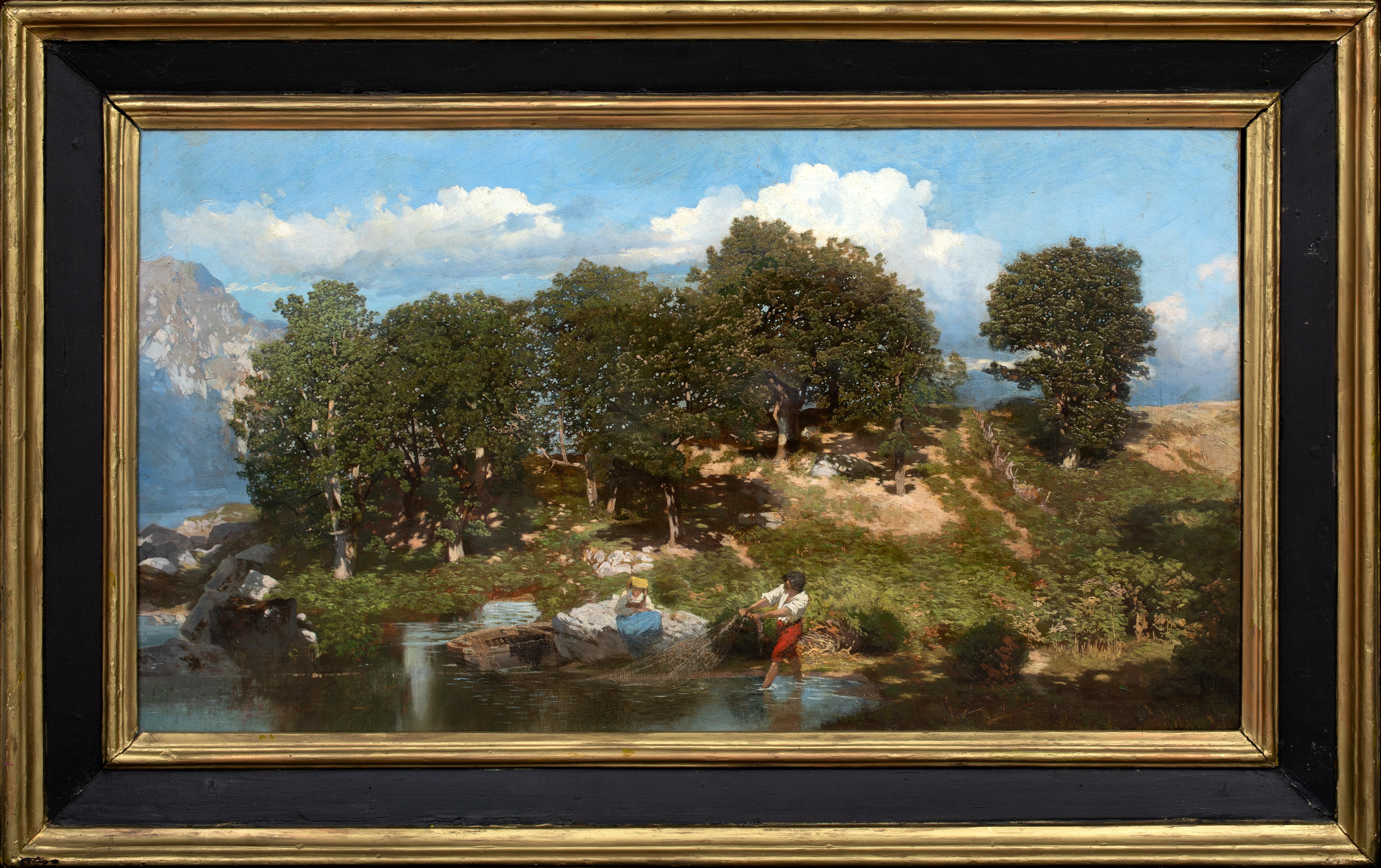 Alexandre Calame Landscape Painting - Bringing In The Nets, Lake Lucerne, 19th Century