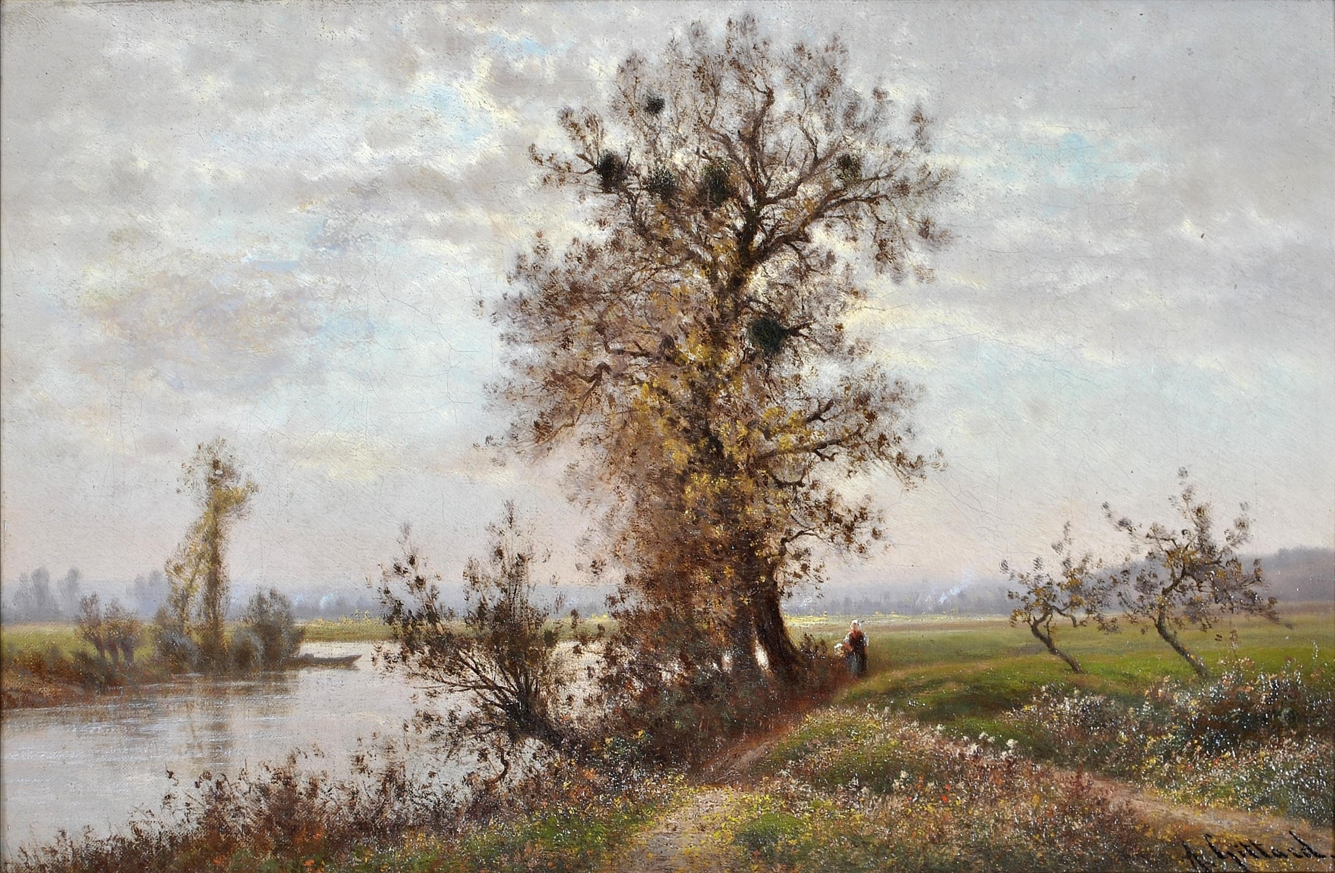 Tranquil River Landscape - 19th Century French Impressionist Oil Painting For Sale 1