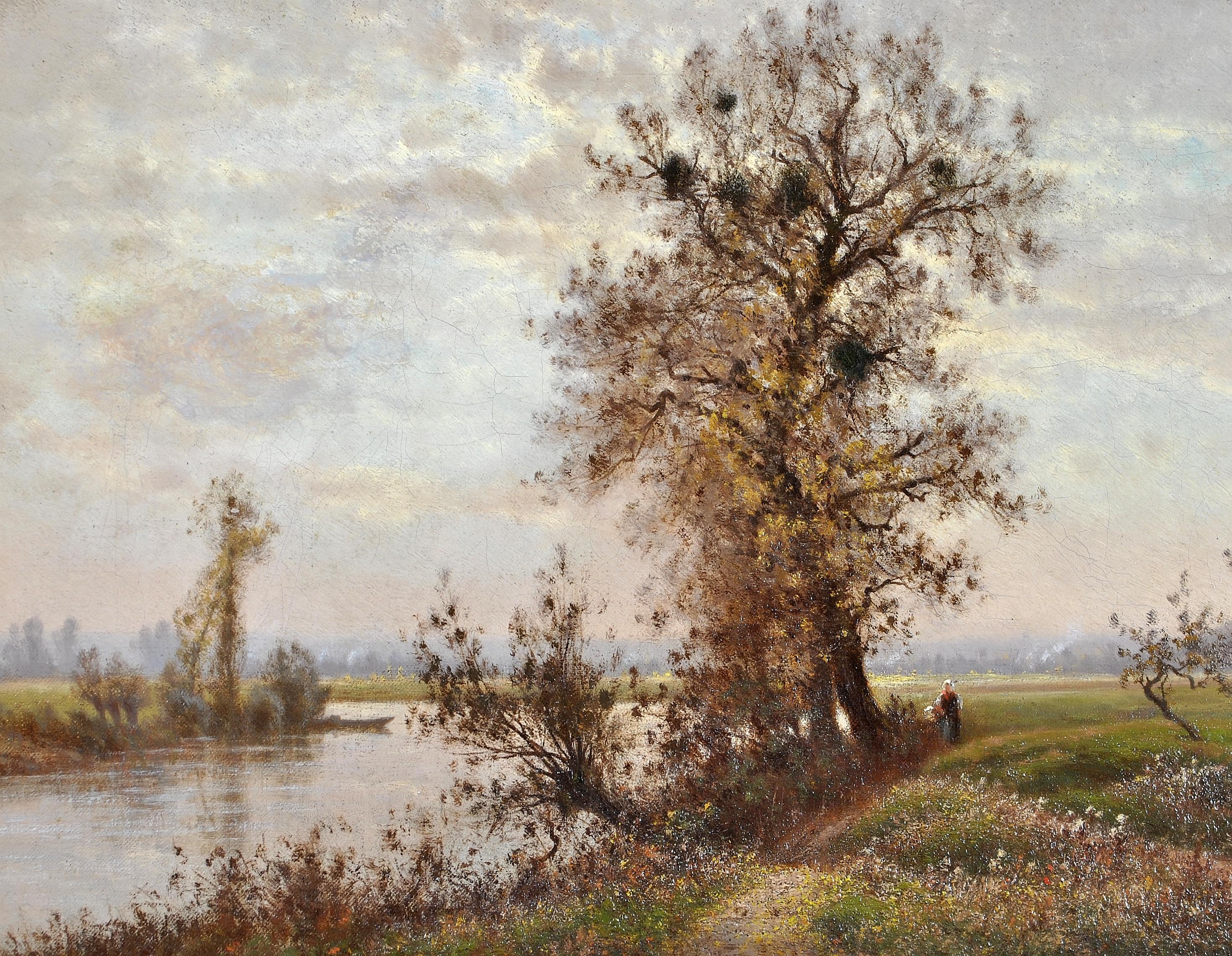 Tranquil River Landscape - 19th Century French Impressionist Oil Painting For Sale 3