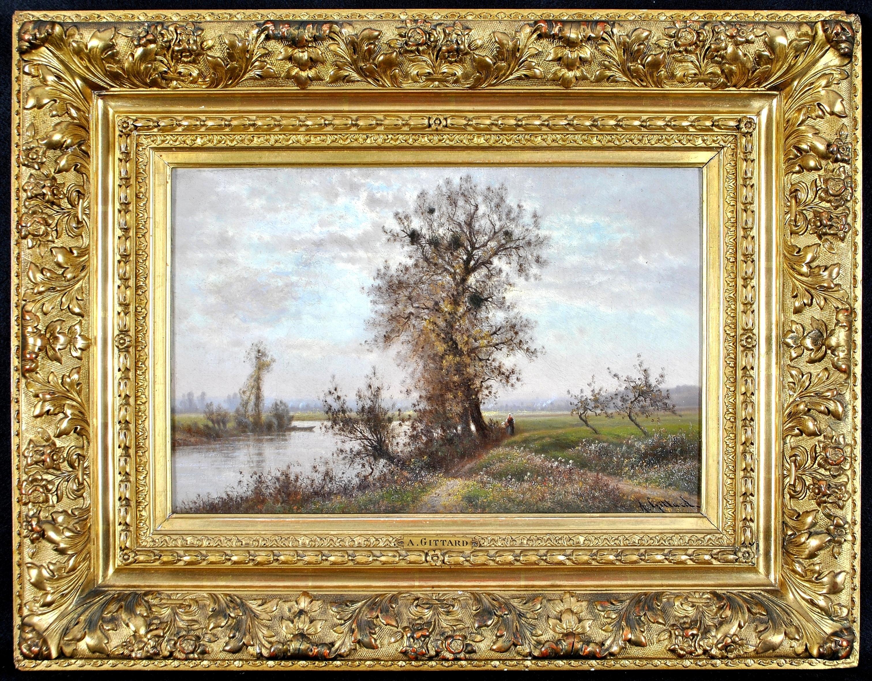 Tranquil River Landscape - 19th Century French Impressionist Oil Painting