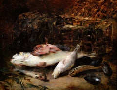 Nature Morte aux Poissons - 19th Century Antique French Fish Fishing Painting