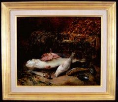 Nature Morte aux Poissons - 19th Century Antique French Fish Fishing Painting