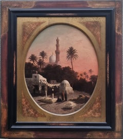 Pintura CURT Pintor orientalista francés Mezquita El Cairo Egipto al atardecer Oval 19