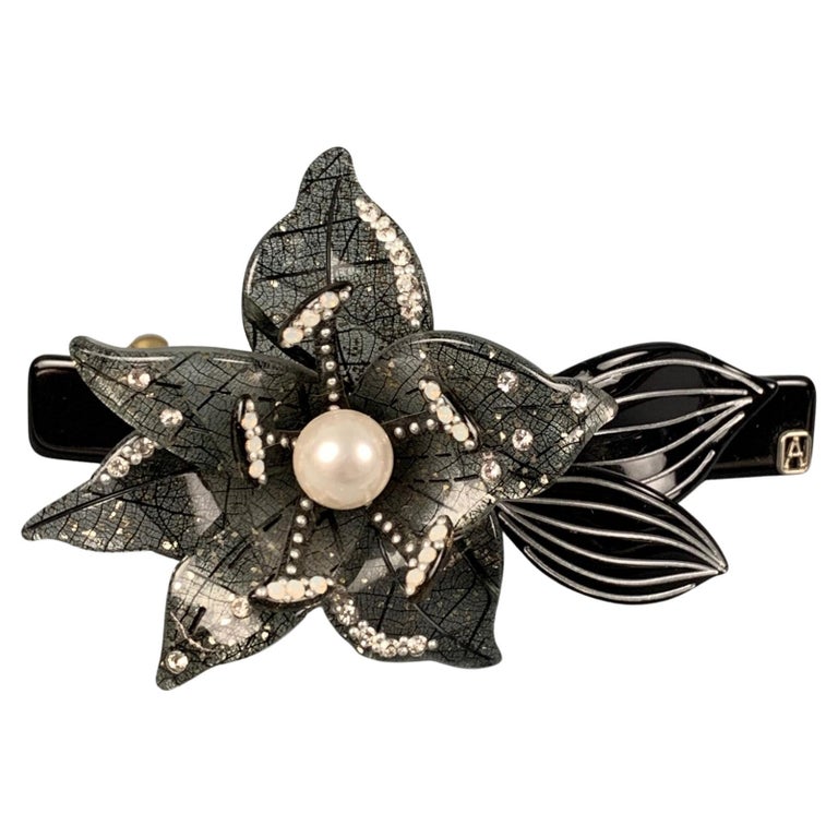 ALEXANDRE de PARIS Silver Black Floral Hair Clip at 1stDibs