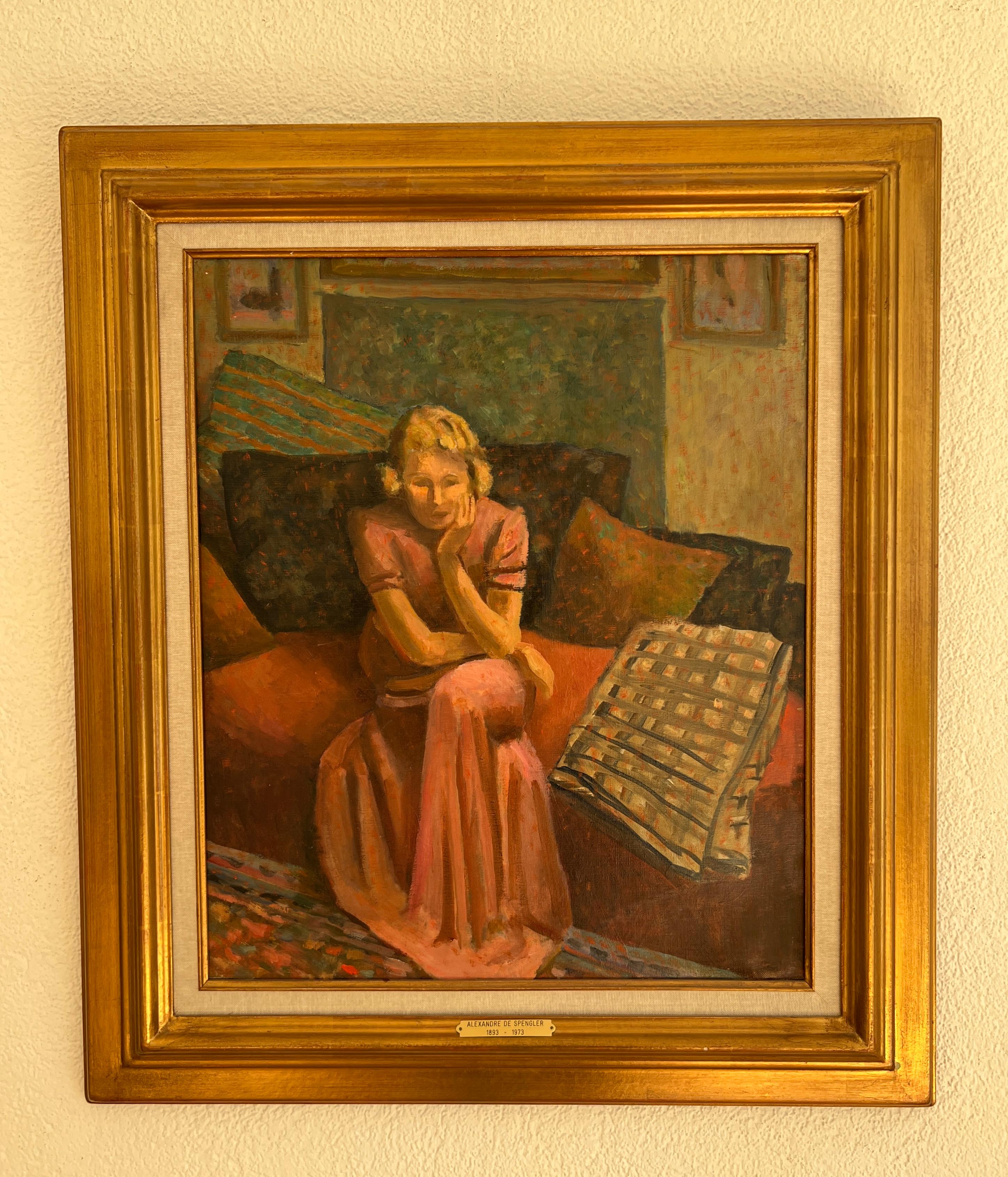 Giovane donna seduta nello studio di un artista - Painting di Alexandre De Spengler