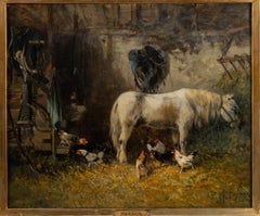 Alexandre Defaux (1826-1900): "Poney à l'étable avec des poules" Olio su tela
