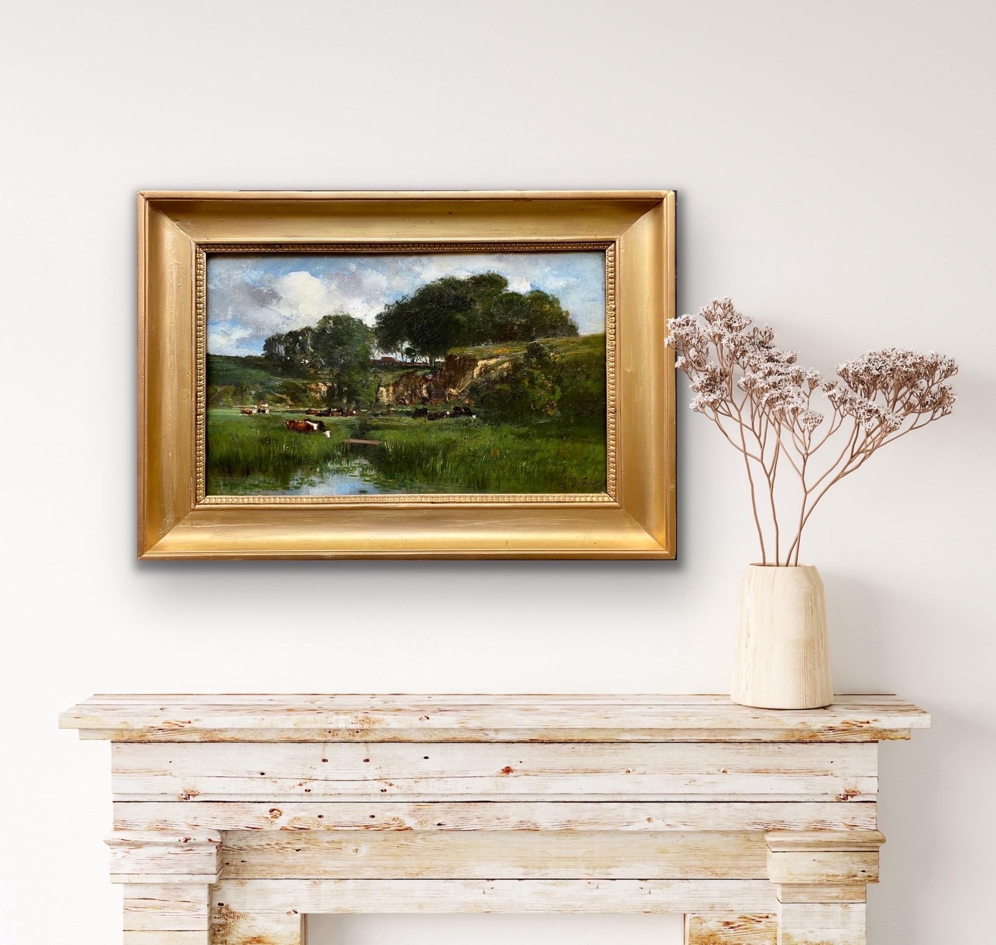 19th century French Impressionist Barbizon Painting - Cow Countryside Corot 6