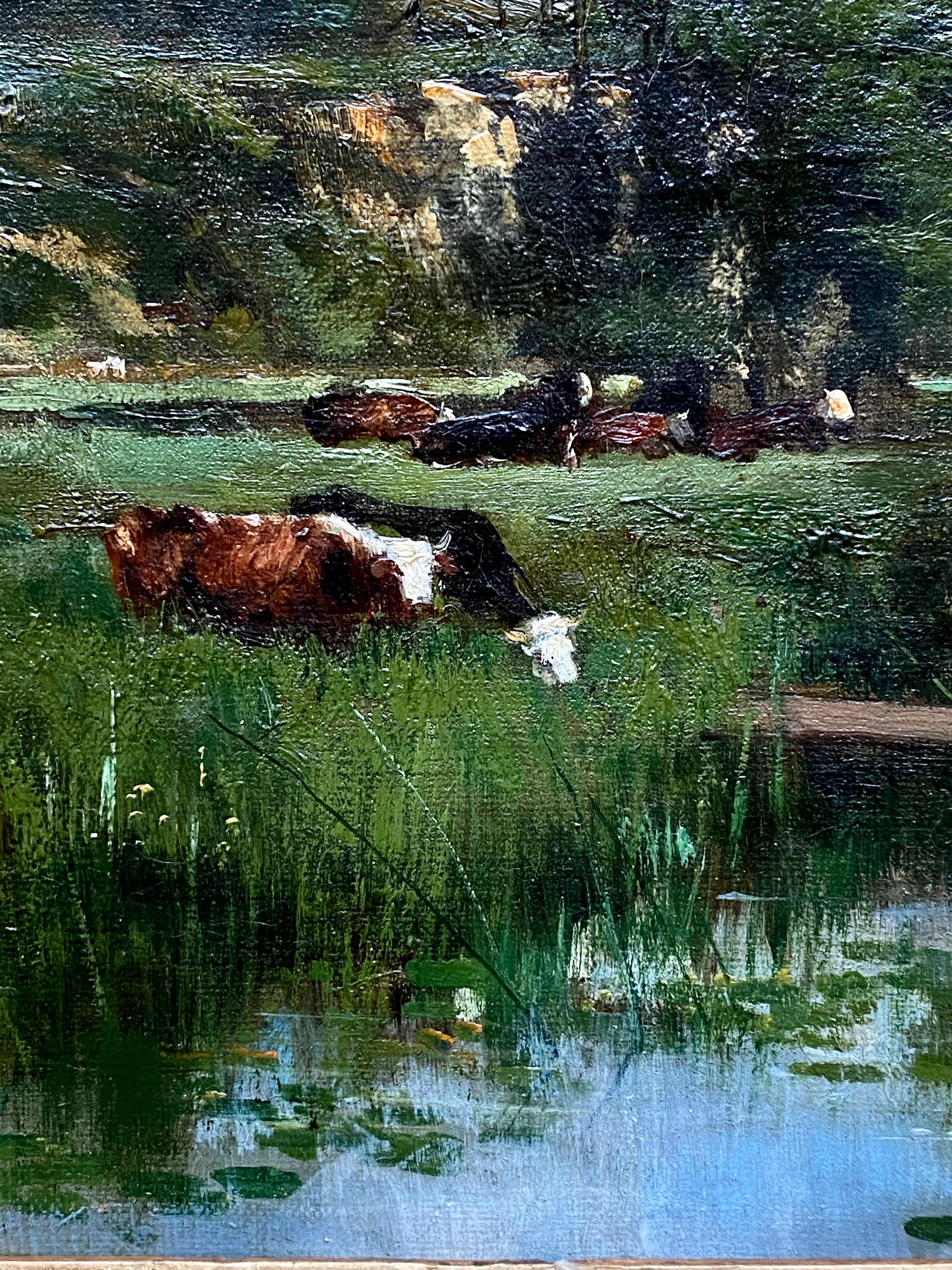 19th century French Barbizon school painting of a hilly countryside. 

Our painting is a beautiful and typical example of the famous Barbizon school landscapes. This peaceful scenery depicts cows grazing and resting in their fields while on top of