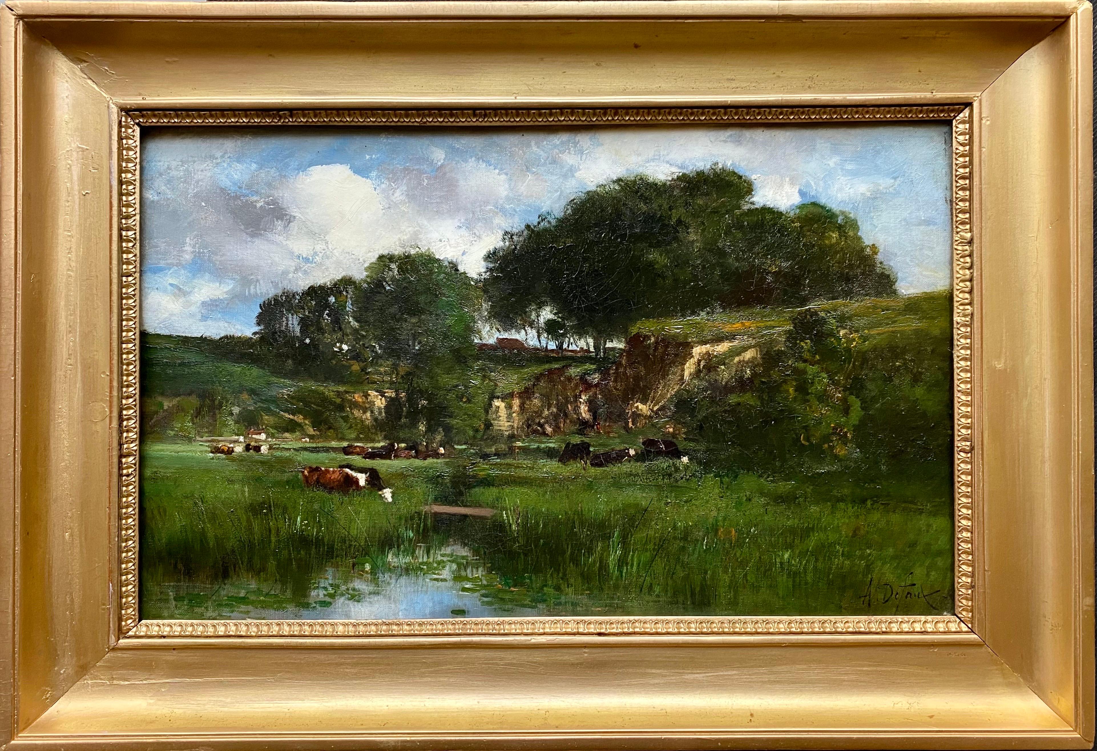 Alexandre Defaux Figurative Painting - 19th century French Impressionist Barbizon Painting - Cow Countryside Corot