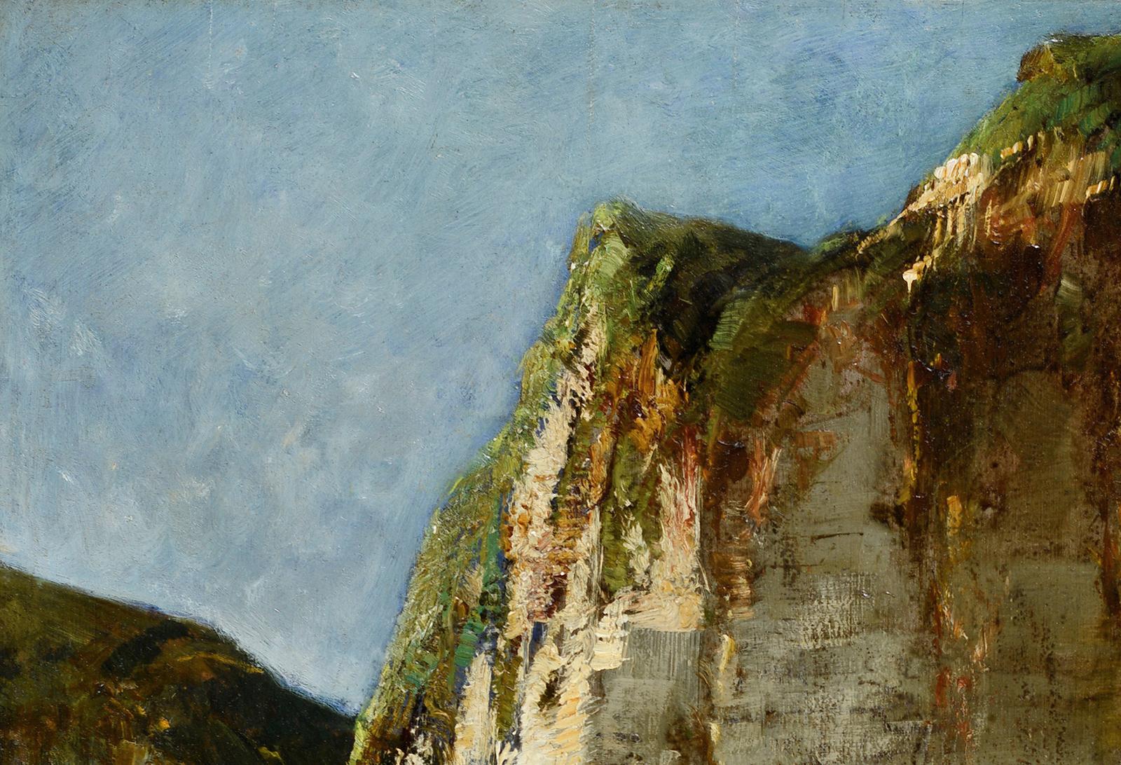 Alexandre DEFAUX
(1826, Bercy - 1900, Melun)
Yport, el acantilado de Amont
Óleo sobre tabla
H. 59,5 cm; Anch. 38,5 cm
Firmado y situado abajo a la derecha

Alumno de Corot, Alexandre Defaux fue un pintor de Barbizon bastante famoso, conocido sobre