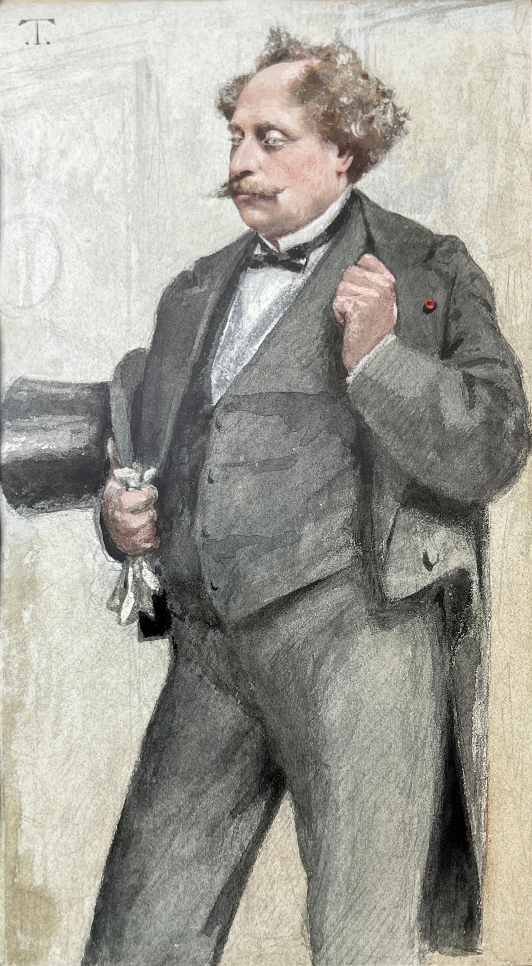 Unser Porträt von Alexandre Dumas fils (1824-1895) in Bleistift und Aquarell mit Weißhöhungen von Theobald Chartran (1849-1907) ist das Original, das in der Ausgabe der Vanity Fair vom 27. Dezember 1879 abgebildet war. Hier montiert unter einer