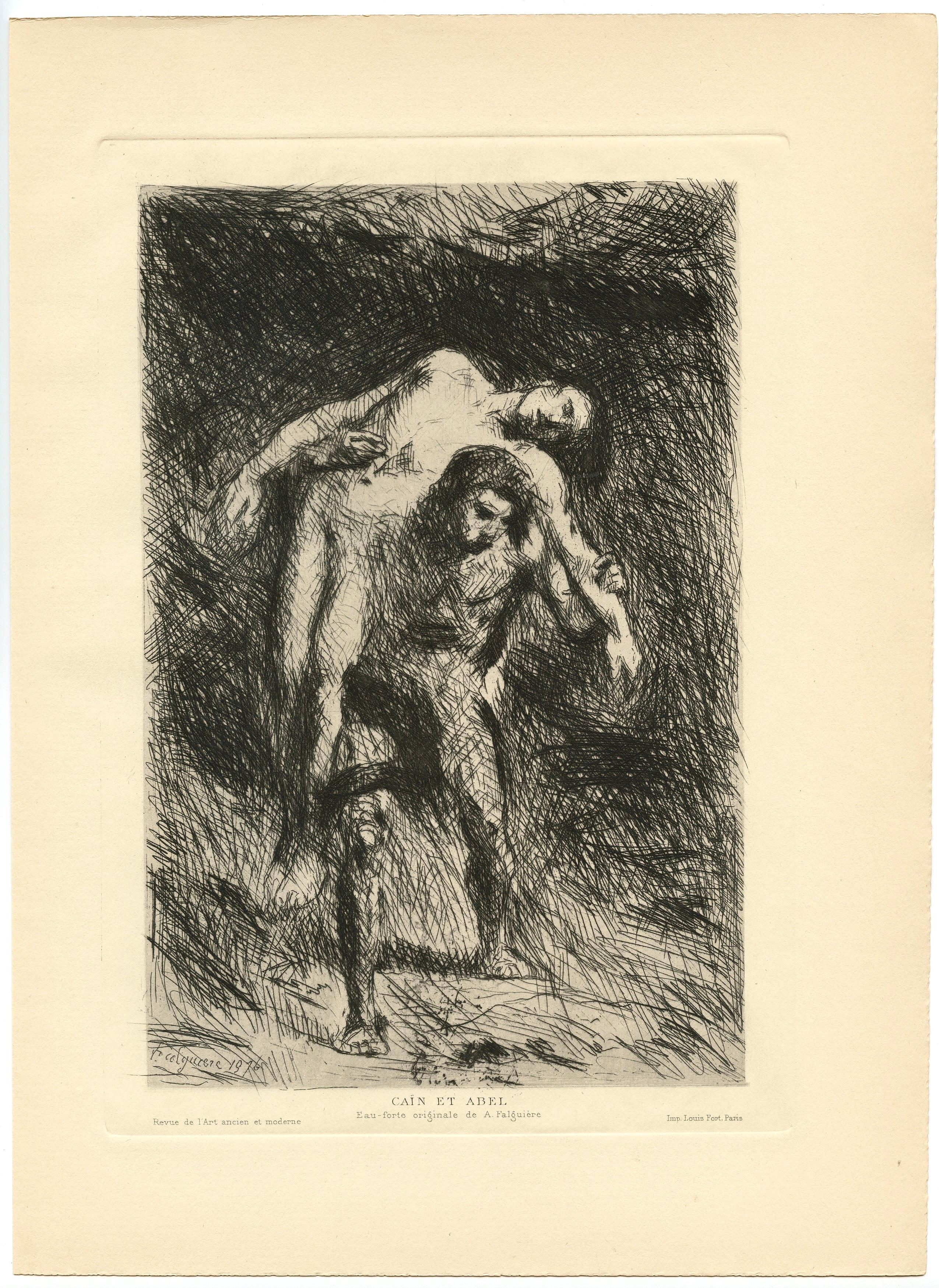 "Cain and Abel" original etching - Print by Alexandre Falguière