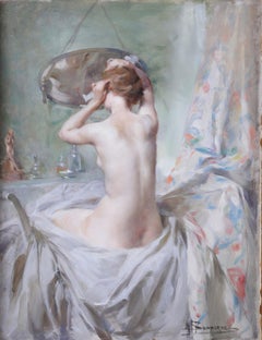 « La Toilette », peinture à l'huile ancienne du XIXe siècle : Nu devant son miroir