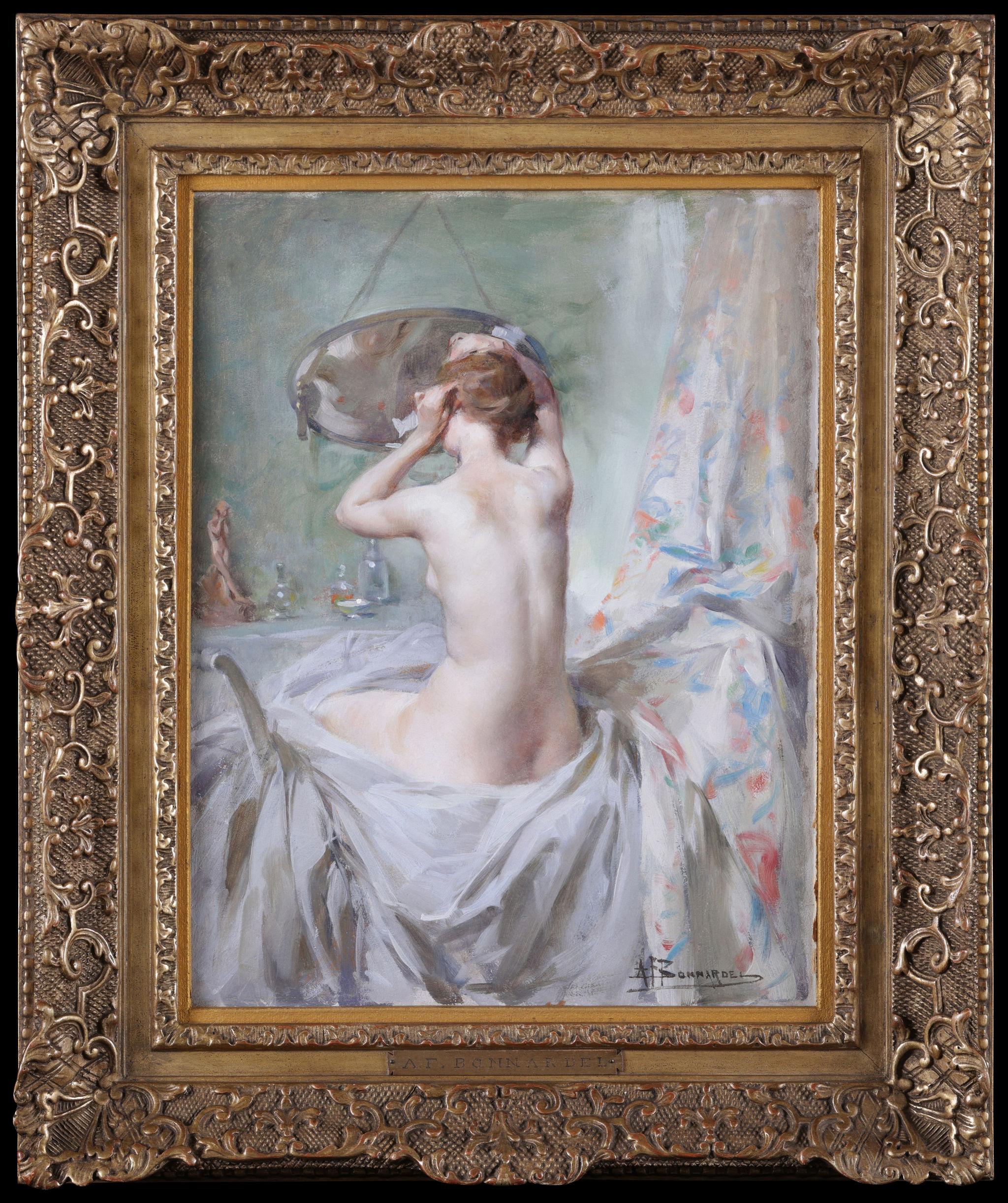 'La Toilette' 19th century antique oil painting Nude at her mirror