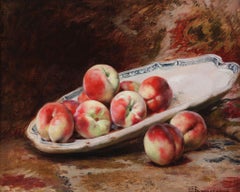 Des pêches sur une assiette en cuivre. Peinture à l'huile ancienne représentant une nature morte. XIXe siècle