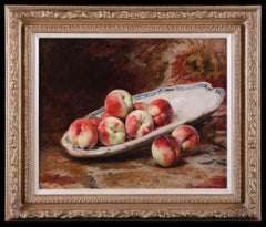 Des pêches sur une assiette en cuivre. Peinture à l'huile ancienne représentant une nature morte. XIXe siècle