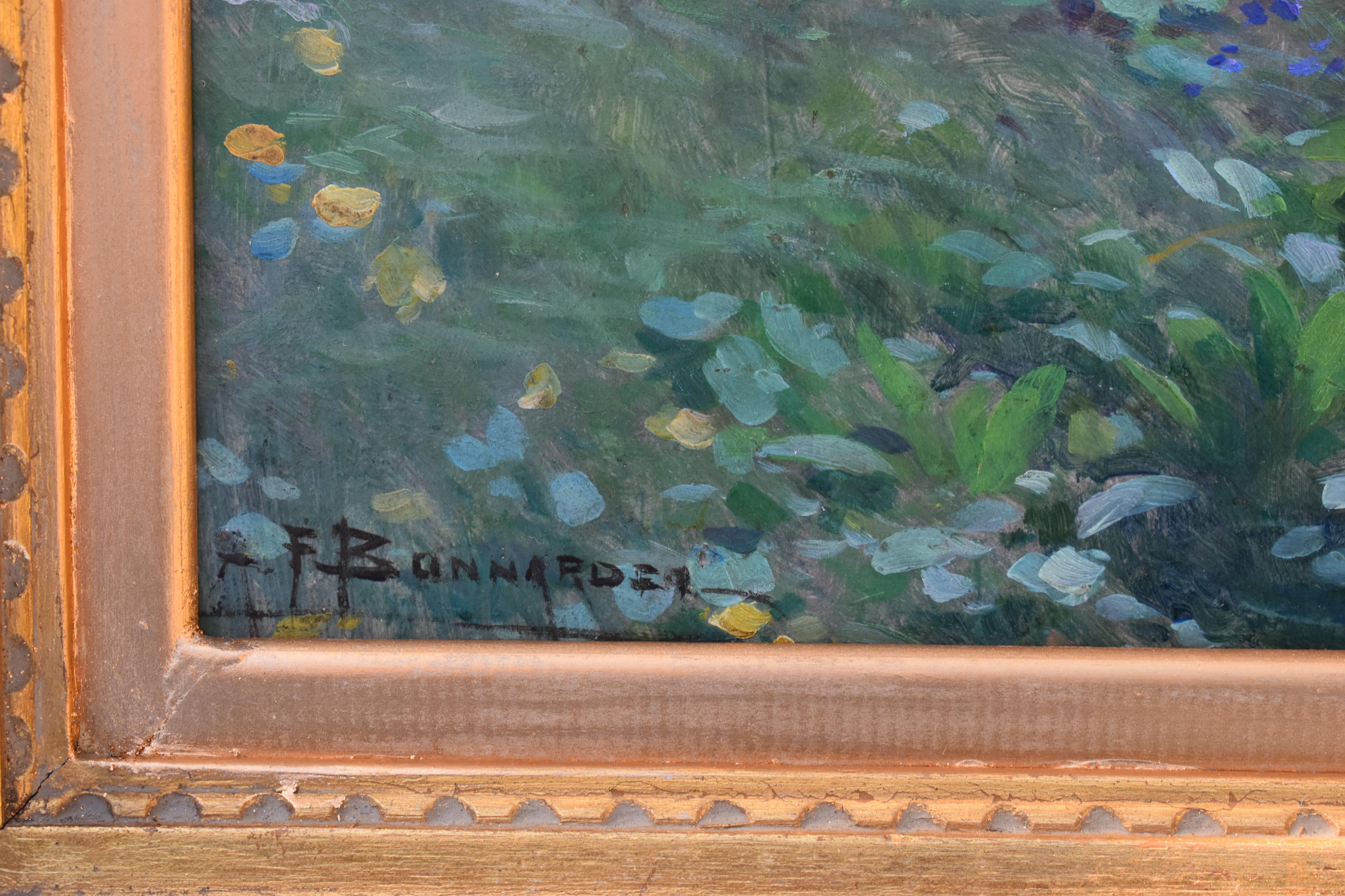 Alexandre-François BONNARDEL (1867-1942)
Ölgemälde der Französischen Schule der Belle Epoque, um 1900

Ein exquisites Gemälde einer jungen Frau, wahrscheinlich der Tochter des Künstlers, inmitten von Stockrosen in einem ländlichen Garten.  Bonnardel