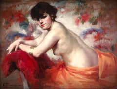 Óleo sobre tabla "Le Coussin Rouge" Desnudo de François Bonnardel