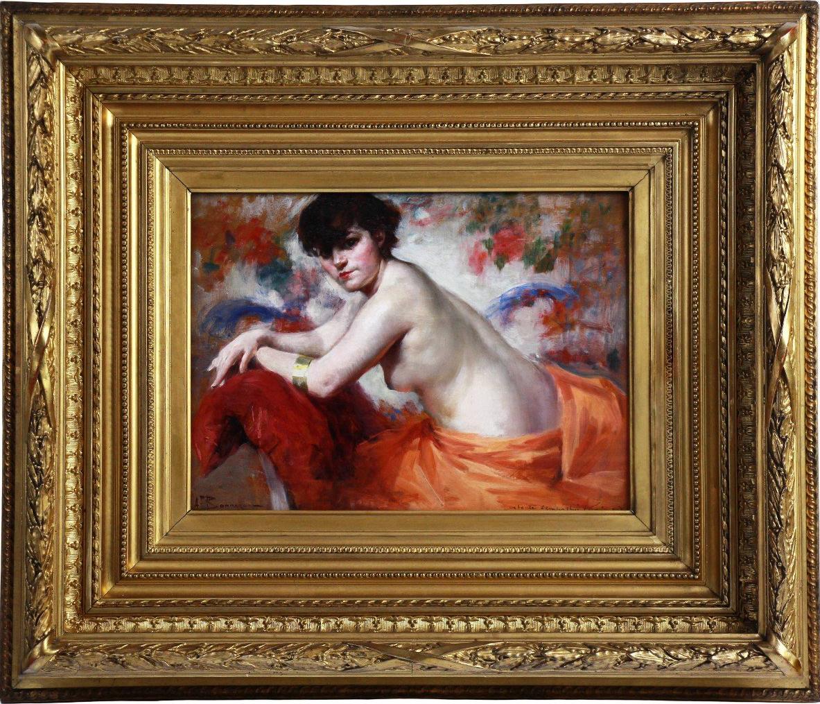 Alexandre-françois Bonnardel (1867-1942) Nude Painting - Oil On Panel "Le Coussin Rouge" Nude By Francois Bonnardel