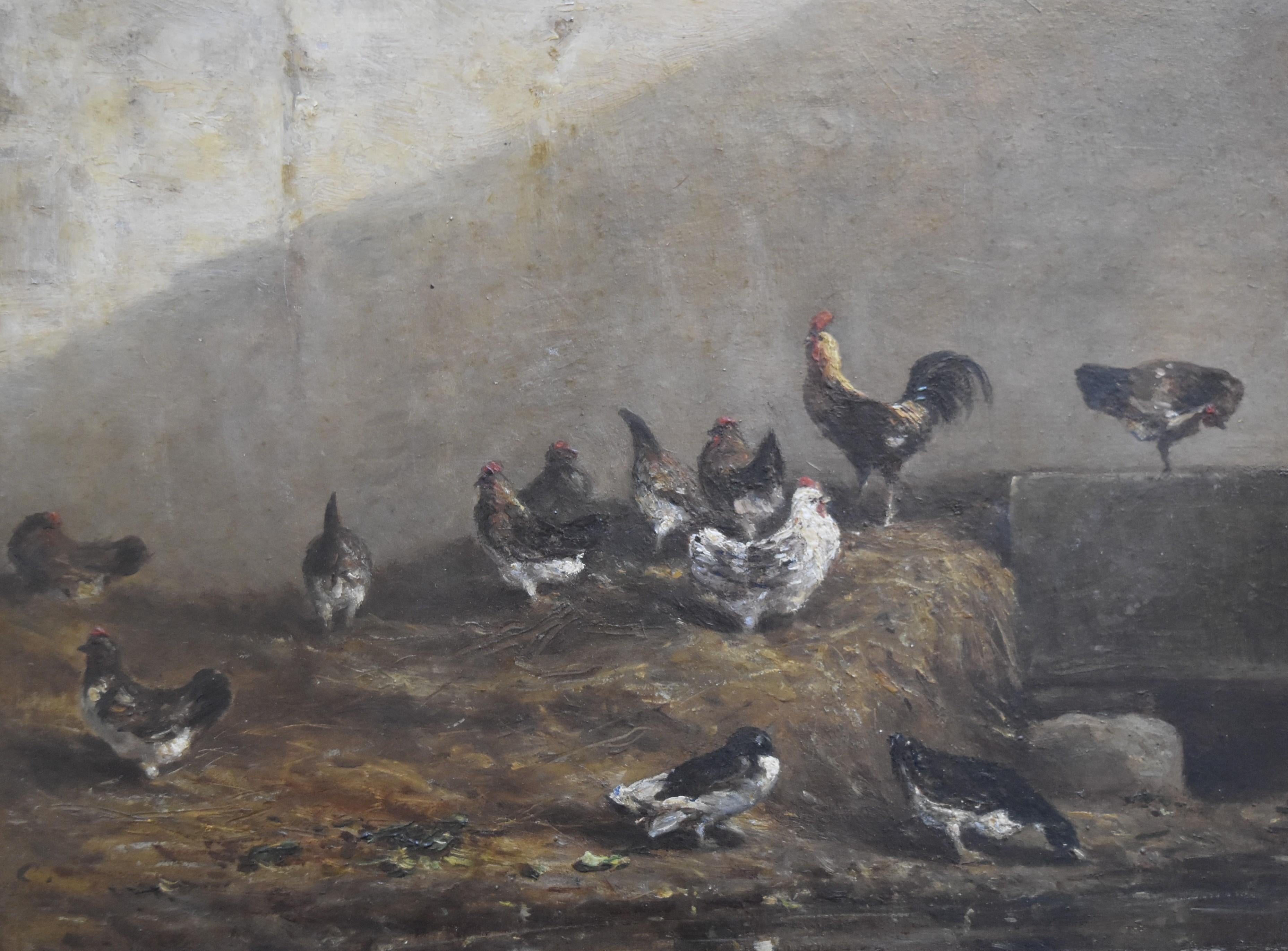 Alexandre Gabriel Decamps (1803-1860) Hens and ducks in a poulty yard, oil  - Gray Animal Painting by Alexandre-Gabriel Descamps