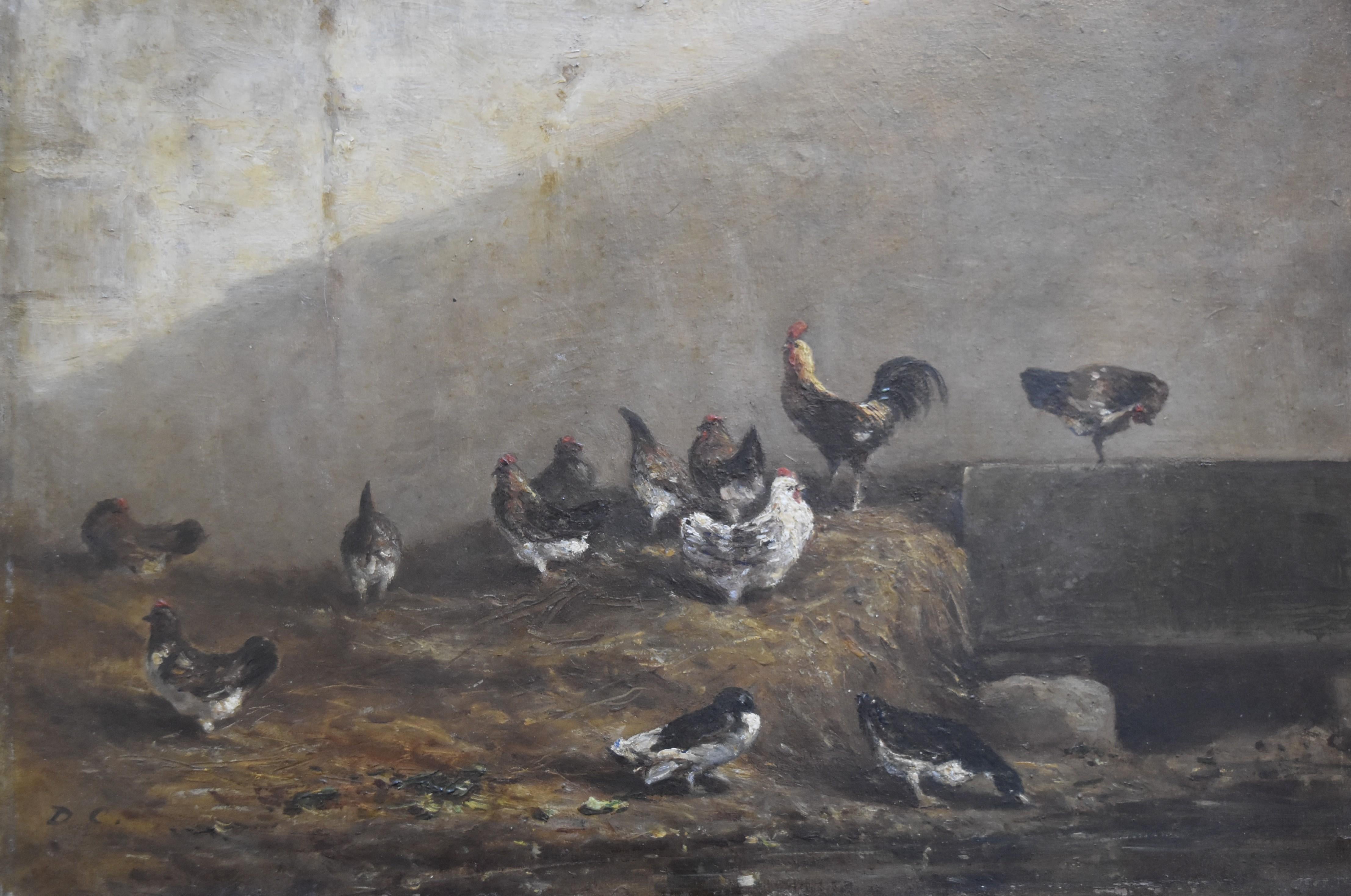 Alexandre-Gabriel Descamps Animal Painting - Alexandre Gabriel Decamps (1803-1860) Hens and ducks in a poulty yard, oil 