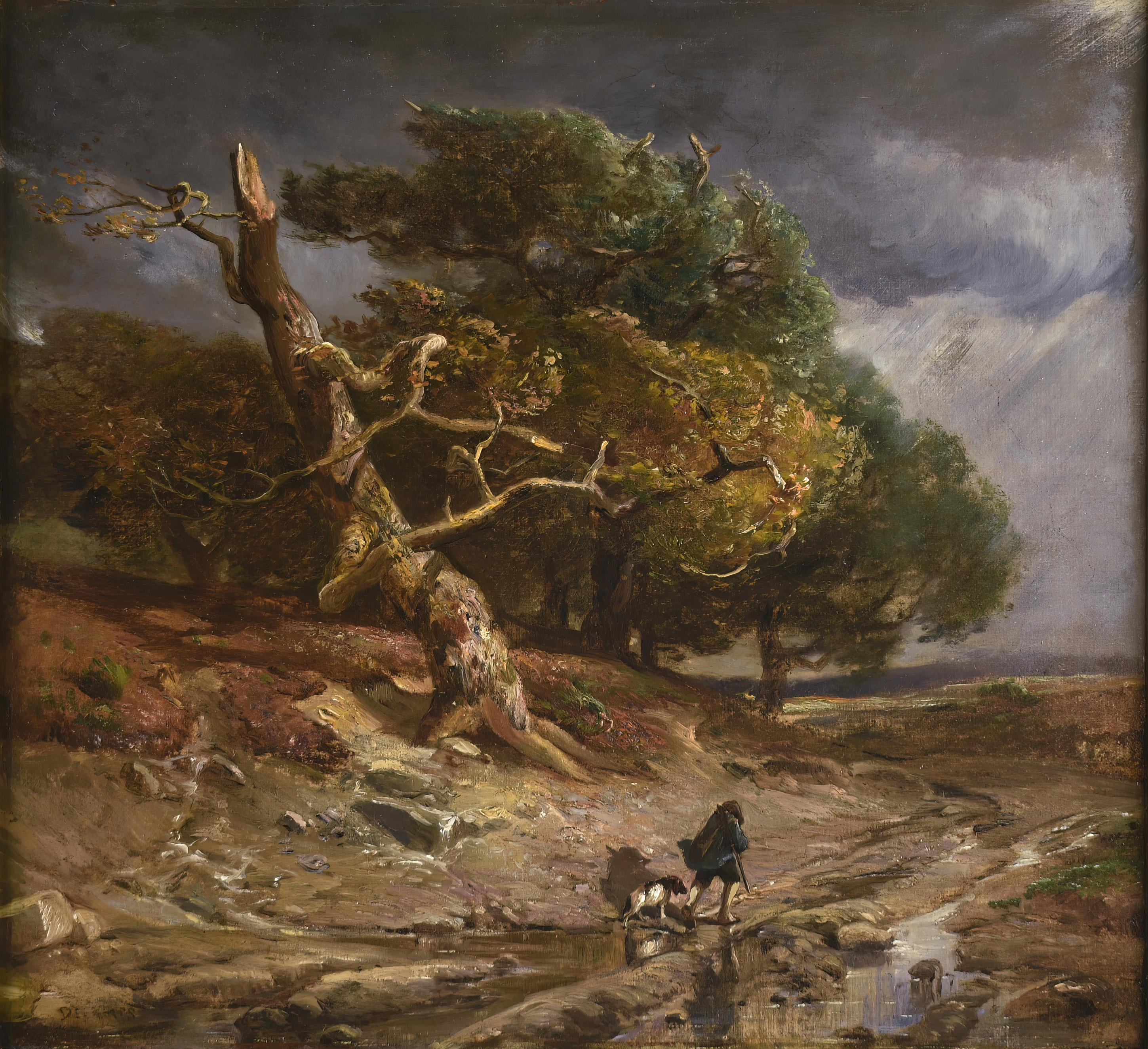 Paysage de Barbizon avec un homme et son chien marchant dans la tempête - Painting de Alexandre-Gabriel Descamps