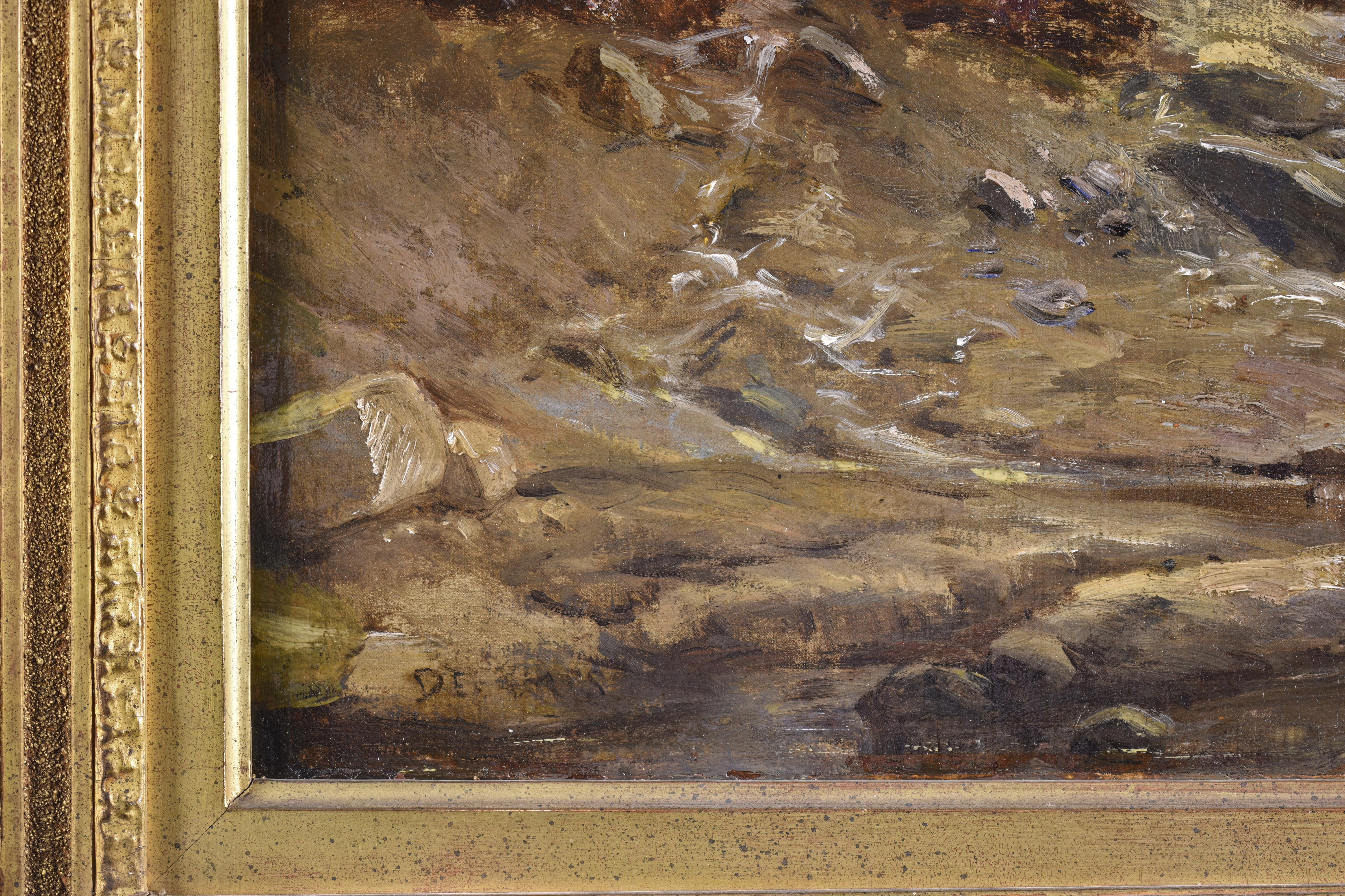 Paysage de Barbizon avec un homme et son chien marchant dans la tempête - École de Barbizon Painting par Alexandre-Gabriel Descamps