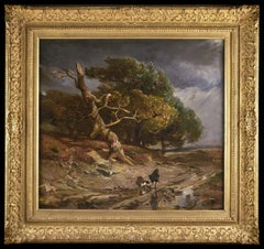 Paysage de Barbizon avec un homme et son chien marchant dans la tempête