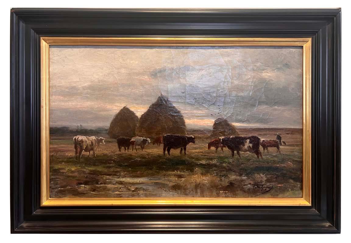 Alexandre Gaston Guignard (1848 - 1922), huile sur toile, Paysage Il s'agit d'une belle peinture du peintre français Gasto Guignard. Il s'agit d'un champ de vaches et de foin, d'un cadre calme et d'une attention particulière portée aux détails. Des