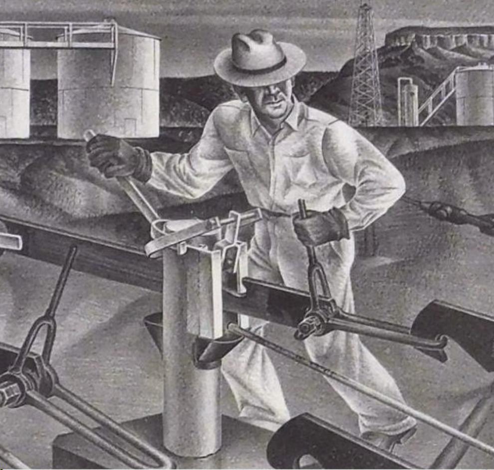 Litografia originale di Alexandre Hogue, 1940 - Aggancio alla Centrale Elettrica 1