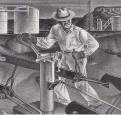 Alexandre Hogue Original Lithograph, 1940 - Hooking on at Central Power