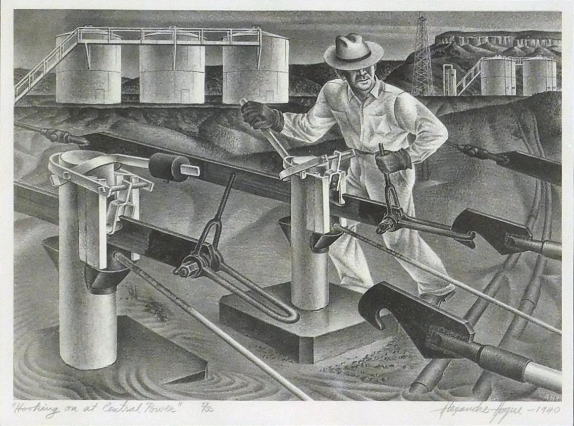 Litografia originale di Alexandre Hogue, 1940 - Aggancio alla Centrale Elettrica 2