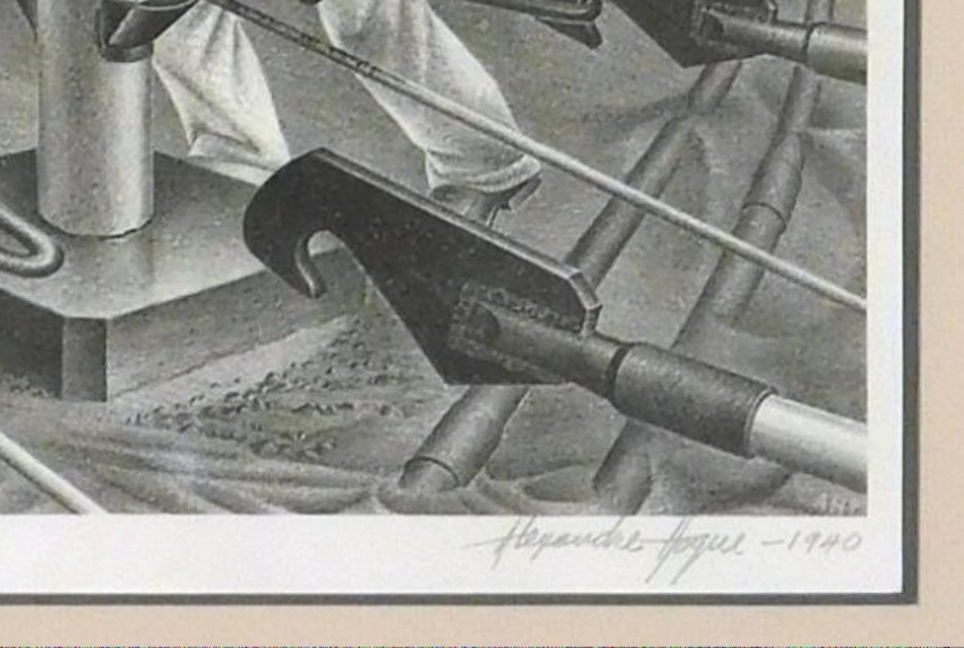 Litografia originale di Alexandre Hogue, 1940 - Aggancio alla Centrale Elettrica 3