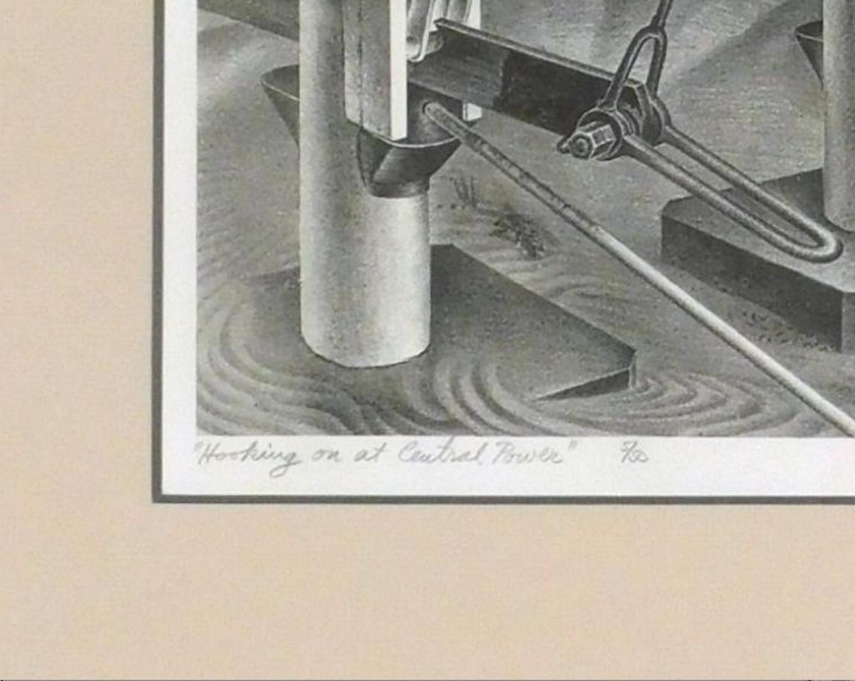 Litografia originale di Alexandre Hogue, 1940 - Aggancio alla Centrale Elettrica 4