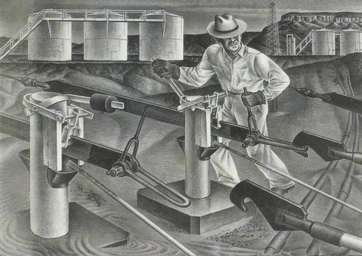 Litografia originale di Alexandre Hogue, 1940 - Aggancio alla Centrale Elettrica 5