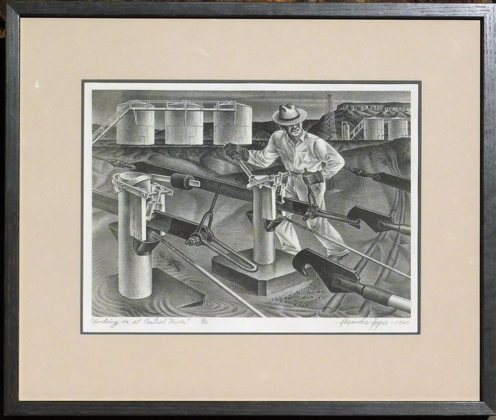 Litografia originale dell'artista texano Alexandre Hogue (1898-1994).
Titolo: Agganciarsi a Central Power. Creato: 1940. 
Dimensioni dell'immagine: 10 x 14. Dimensioni della cornice: 18 1/4 x 12 ½.   
L'edizione è di 5 esemplari su 50.
L'opera è in